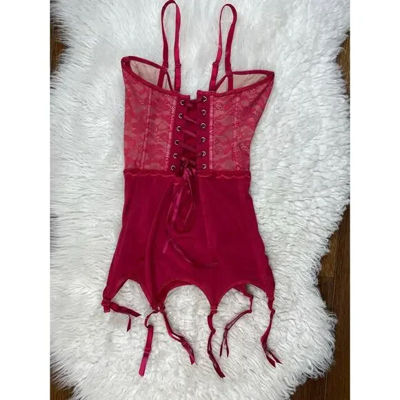 Coquette Women's Size S Red Floral Lace Boned Hook and Loop Lace Up Corset * - Picture 2 of 7